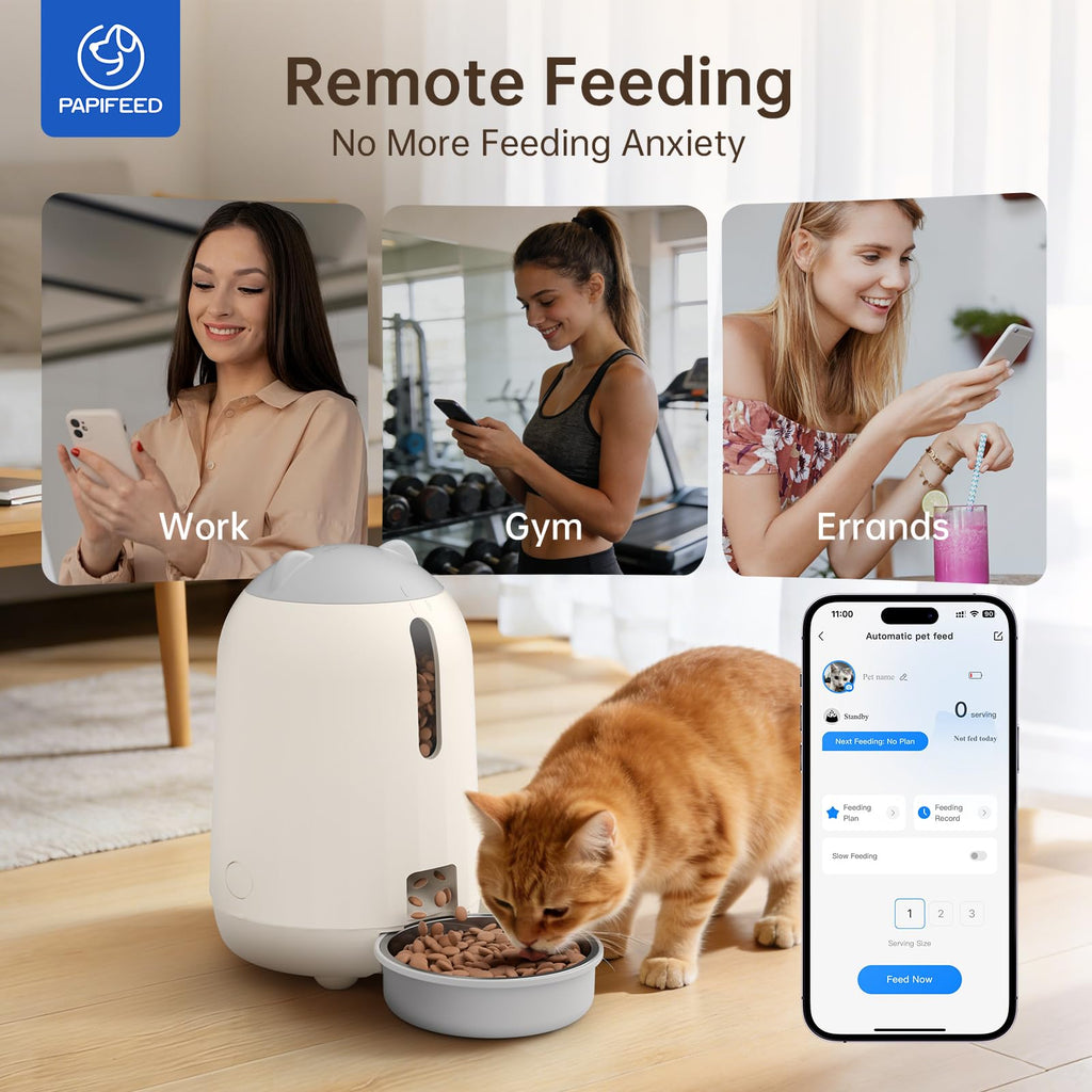 PAPIFEED Automatic Cat Feeder with App, WiFi Auto Cat Feeder, 3L Slow-Feed Cat Food Dispenser for Dry Food, Dual Power Supply Timed Pet Feeder for Cat, 10 Meals/Day, 6 Portions/Meal, Grey