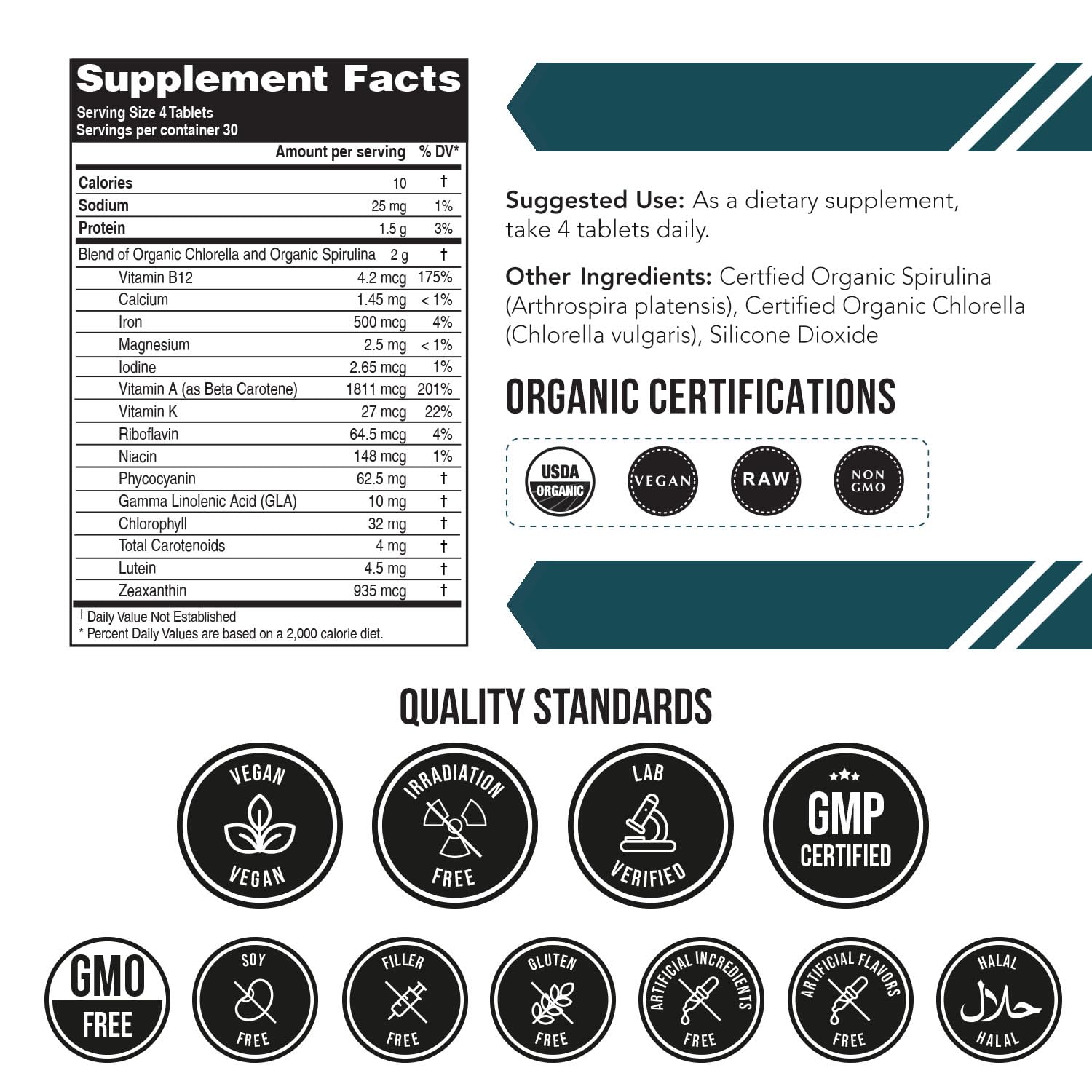 Organic Spirulina & Chlorella Tablets – 4 Organic Certifications, Raw, Non-Irradiated – 50/50 Blue Green Algae Blend – Antioxidant Content Equal to 5 Servings of Vegetables (120 Tablets)