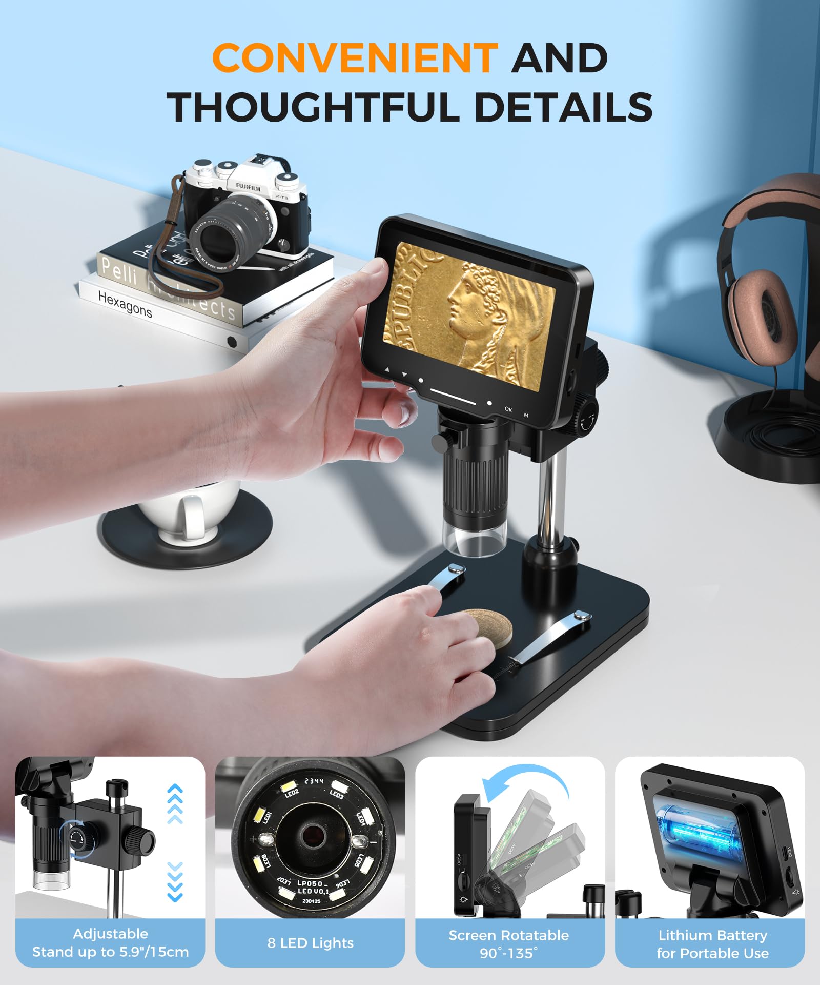 PalliPartners Digital Microscope for Coins with Light HD Screen