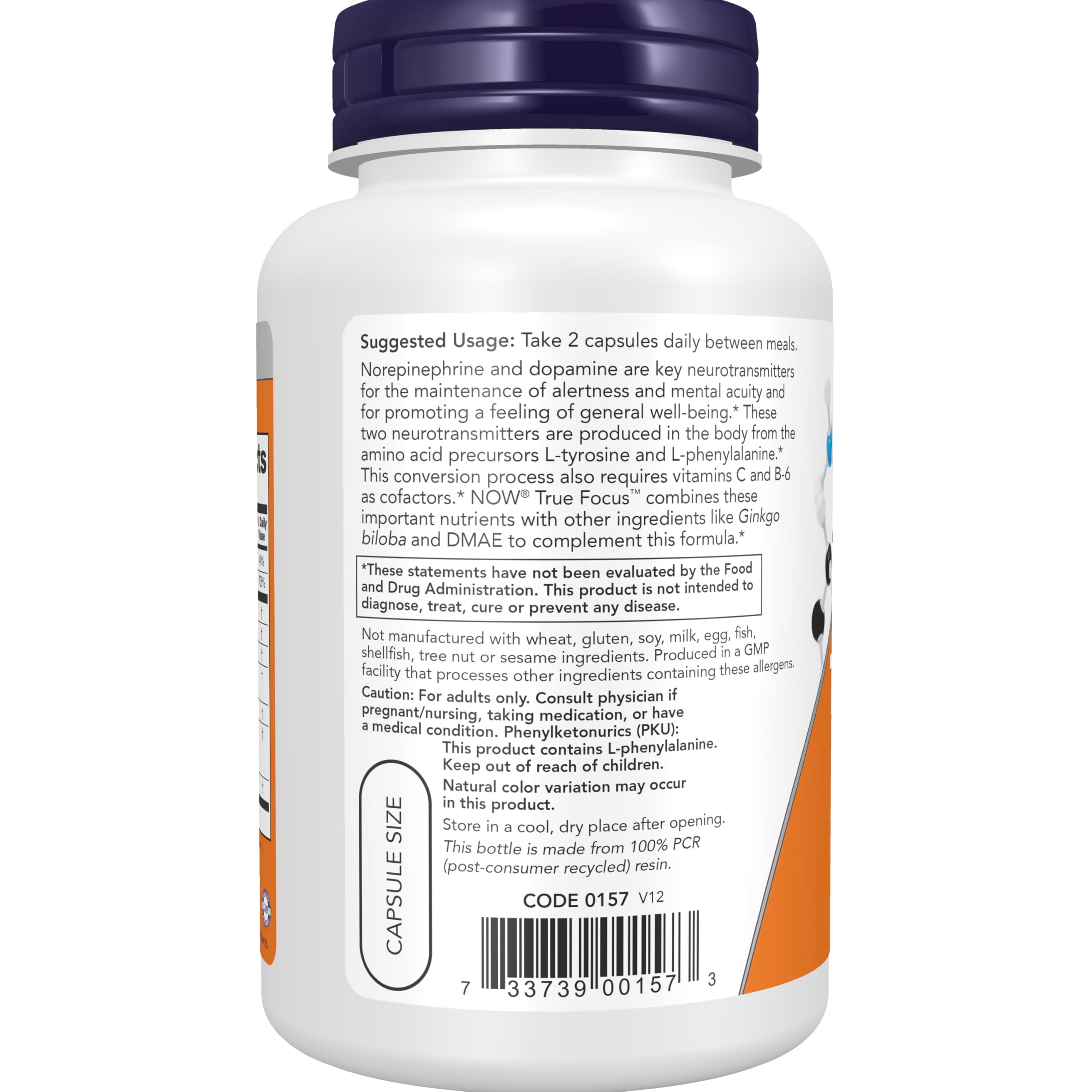 NOW Foods Supplements, True Focus™ with Amino Acids, Ginkgo, DMAE + CoQ10 and Grape Seed Extract , 90 Veg Capsules