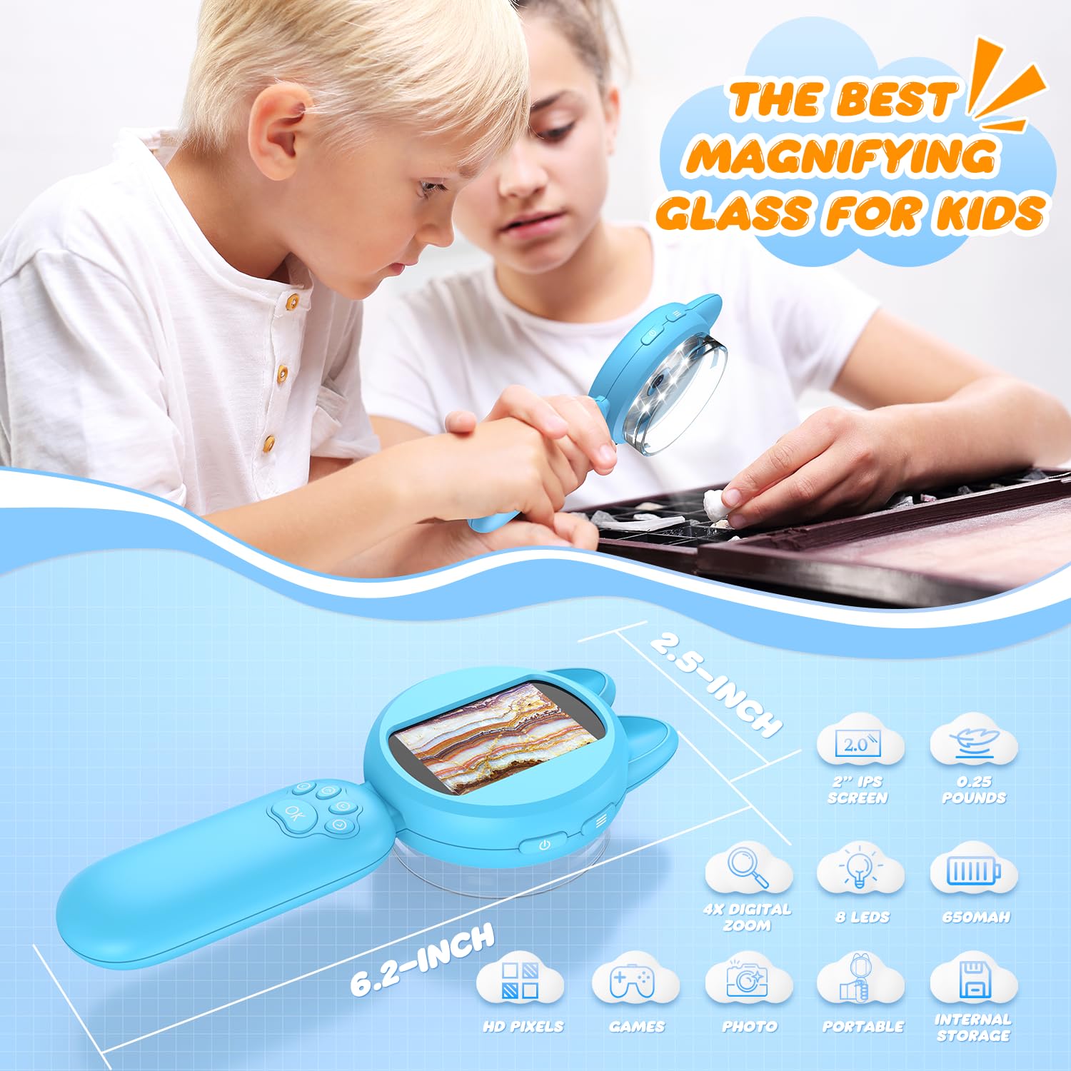 Leipan Magnifying Glass for Kids, 100X 2 LCD Scrren Handheld Microscope
