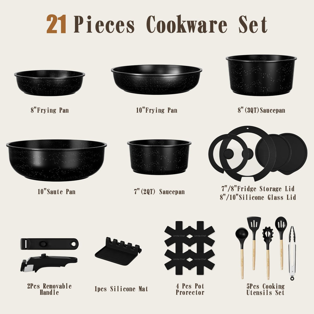 Umite Chef 21Pcs Pots and Pans Set Non Stick, Nonstick Ceramic Cookware Sets Detachable Handle, Non Toxic Healthy Induction Cookware, Kitchen Cooking Set, with Frying Pans Set, Dishwasher/Oven Safe