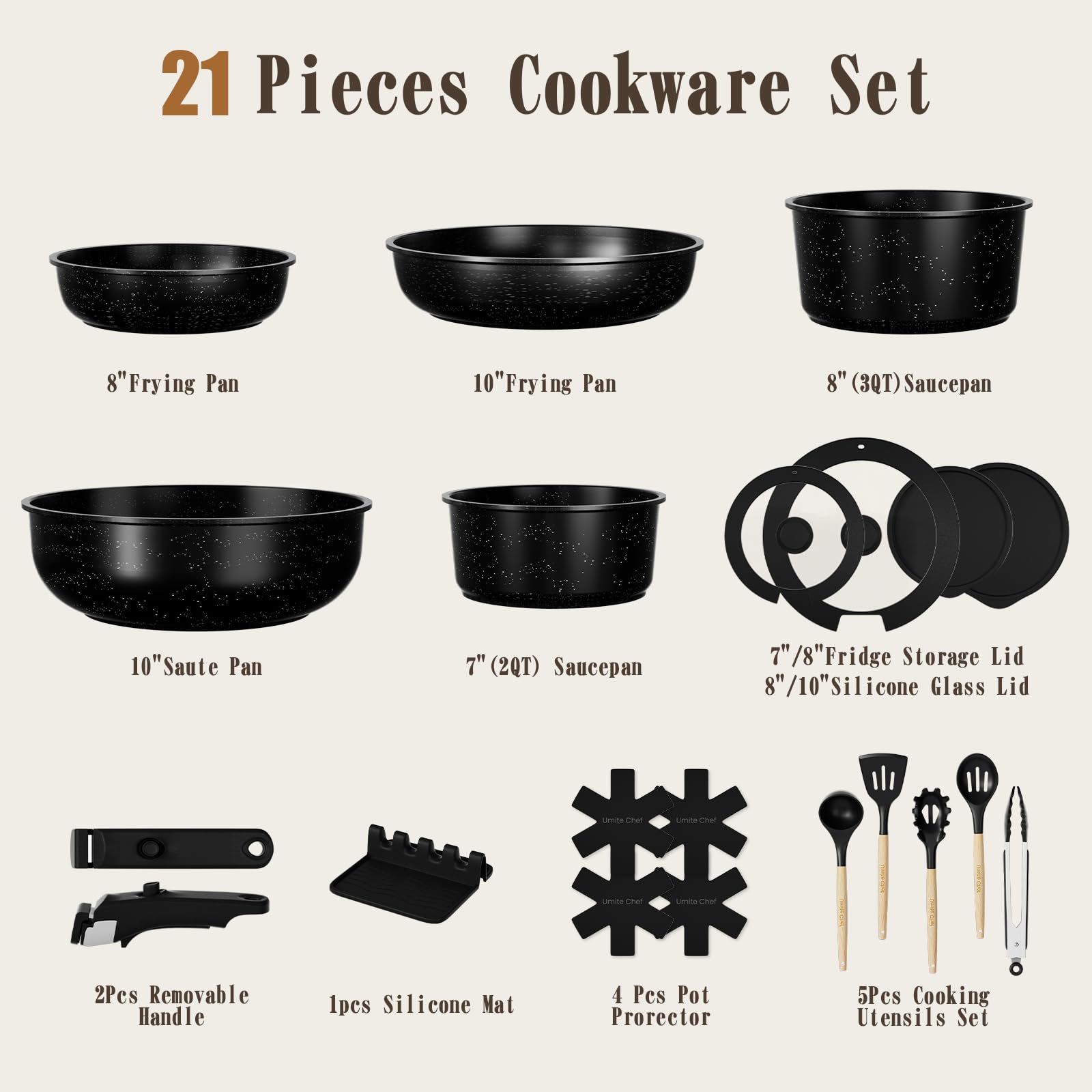 Umite Chef 21Pcs Pots and Pans Set Non Stick, Nonstick Ceramic Cookware Sets Detachable Handle, Non Toxic Healthy Induction Cookware, Kitchen Cooking Set, with Frying Pans Set, Dishwasher/Oven Safe
