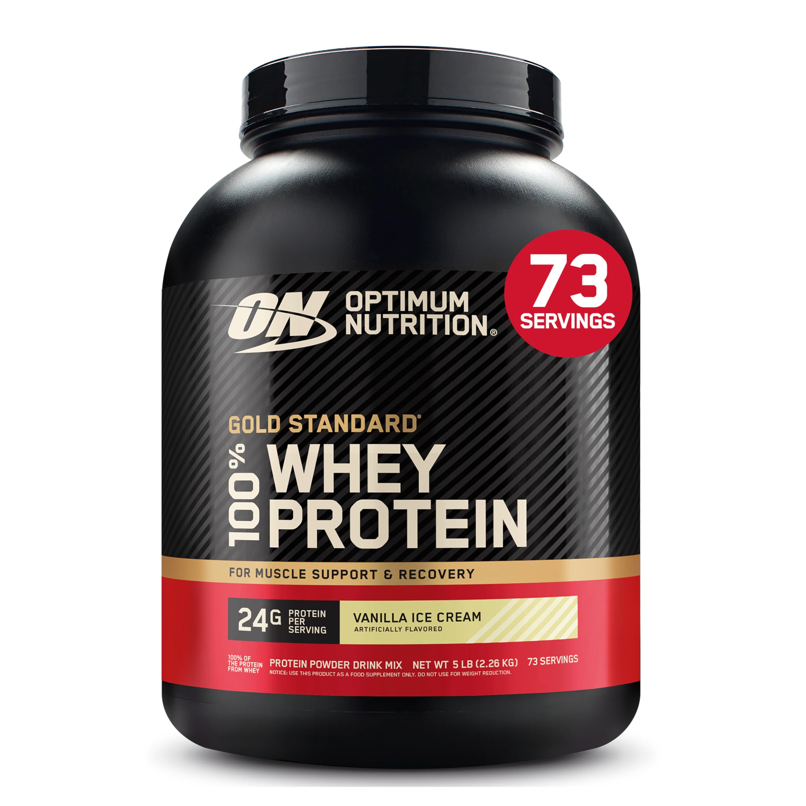 Optimum Nutrition Gold Standard 100% Whey Protein Powder, Vanilla Ice Cream, 5 Pound (Packaging May Vary)