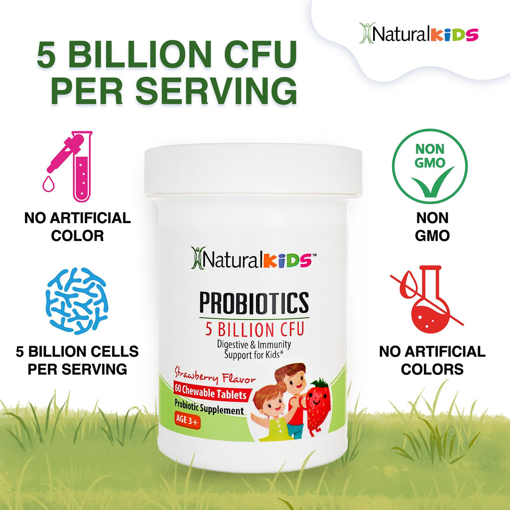 NaturalKids Probiotics for Kids Digestive Health, Immune Support & Kids Gut Health Supplements with 5 Billion CFU for Children Age 3 Up - Strawberry Flavor 60 Chewable Probiotic Tablets