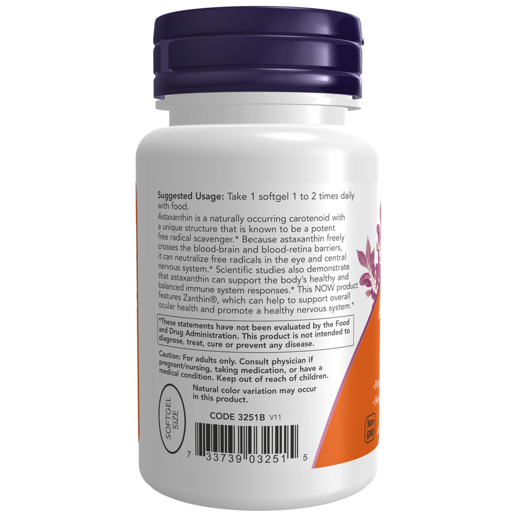 NOW Foods Supplements, Astaxanthin 4 mg, features Zanthin®, Supports Eye Health*, 60 Veg Softgels