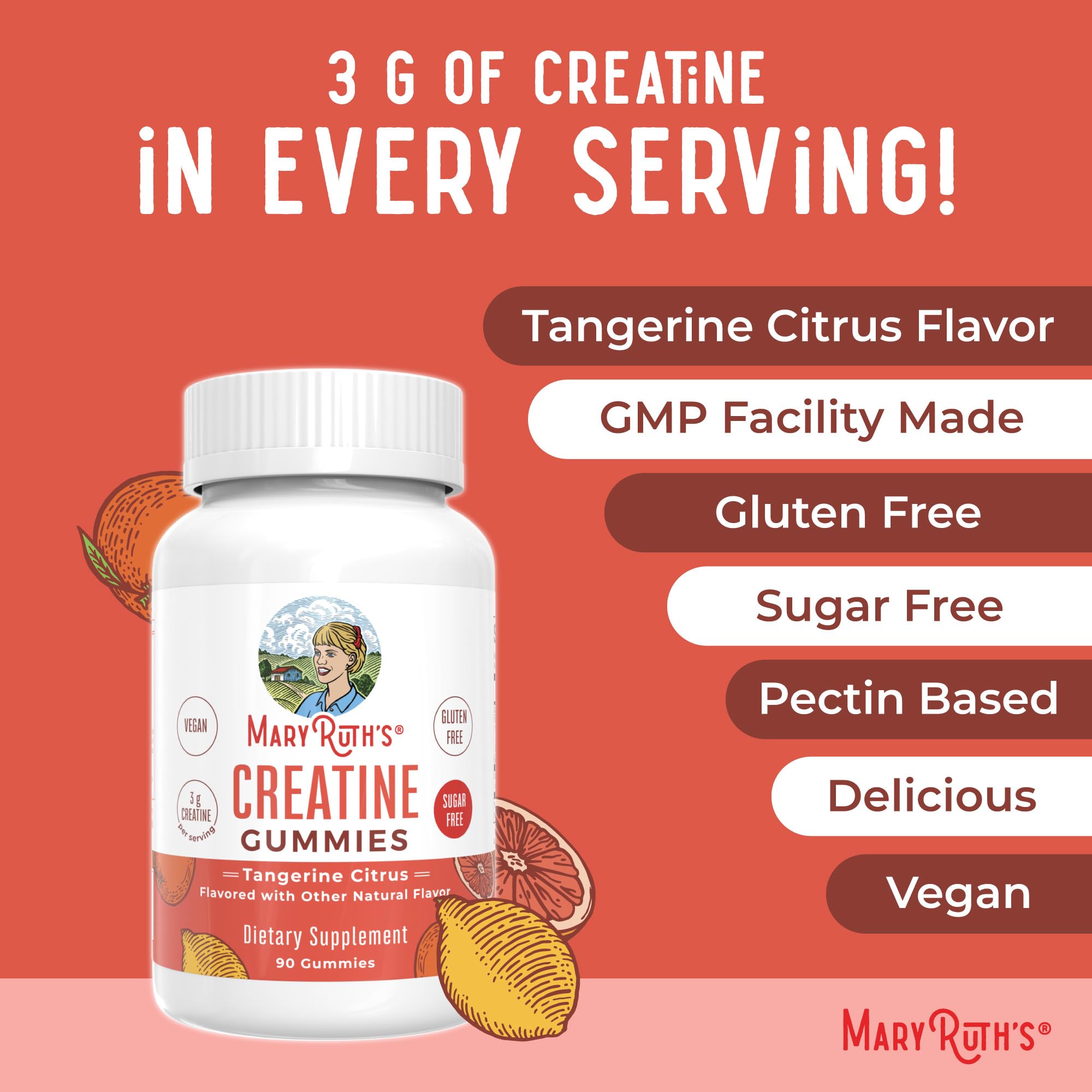 MaryRuth's Creatine Gummies | Creatine Monohydrate Gummies | 3g Creatine Per Serving | Creatine for Women & Men | Tangerine Citrus Flavor | Exercise | Workout | Sugar Free | Vegan | 90 Count