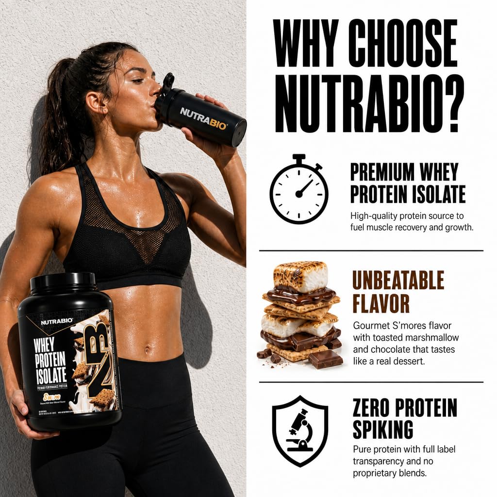 NutraBio 100% Whey Protein Isolate Protein Powder, 25g Protein with Complete Amino Acid Profile, Non-GMO, Soy & Gluten Free, Low Carb, Low Calorie, S'Mores, 50 Servings