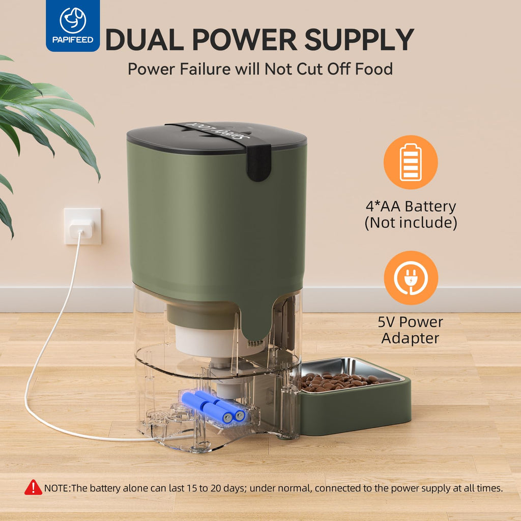 PAPIFEED Automatic Cat Feeder with App, 2.4G WiFi Cat Food Dispenser, 6L Timed Cat Feeders for Dry Food, 10 Meals/Day, 12 Portions/Meal, Dual Power Supply Smart Pet Feeder for Small Dog, Army Green