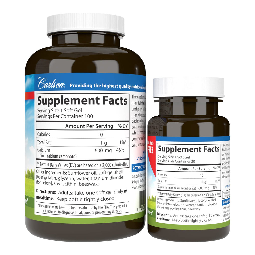 Carlson Cal-600, 600 mg, Calcium, Liquid Filled, 100 + 30 Softgels