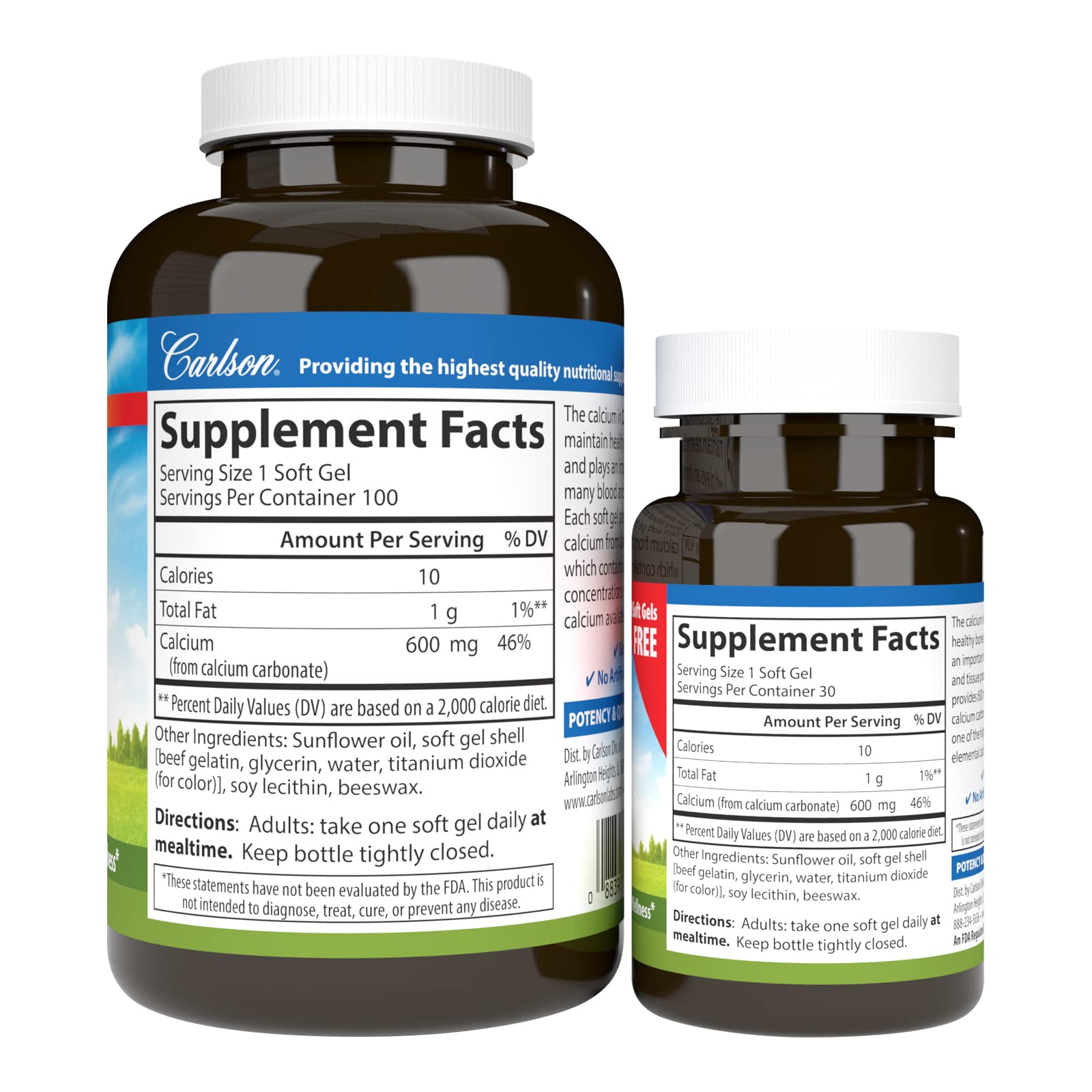 Carlson Cal-600, 600 mg, Calcium, Liquid Filled, 100 + 30 Softgels