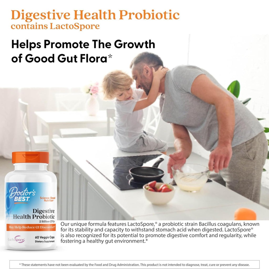 Doctor's Best Digestive Health Probiotic for Men & Women - Probiotic Capsules, Daily Gut Health Support Supplement, 2 Billion CFU, Features LactoSpore (Heyndrickxia Coagulans), Vegan - 60 Veg Caps