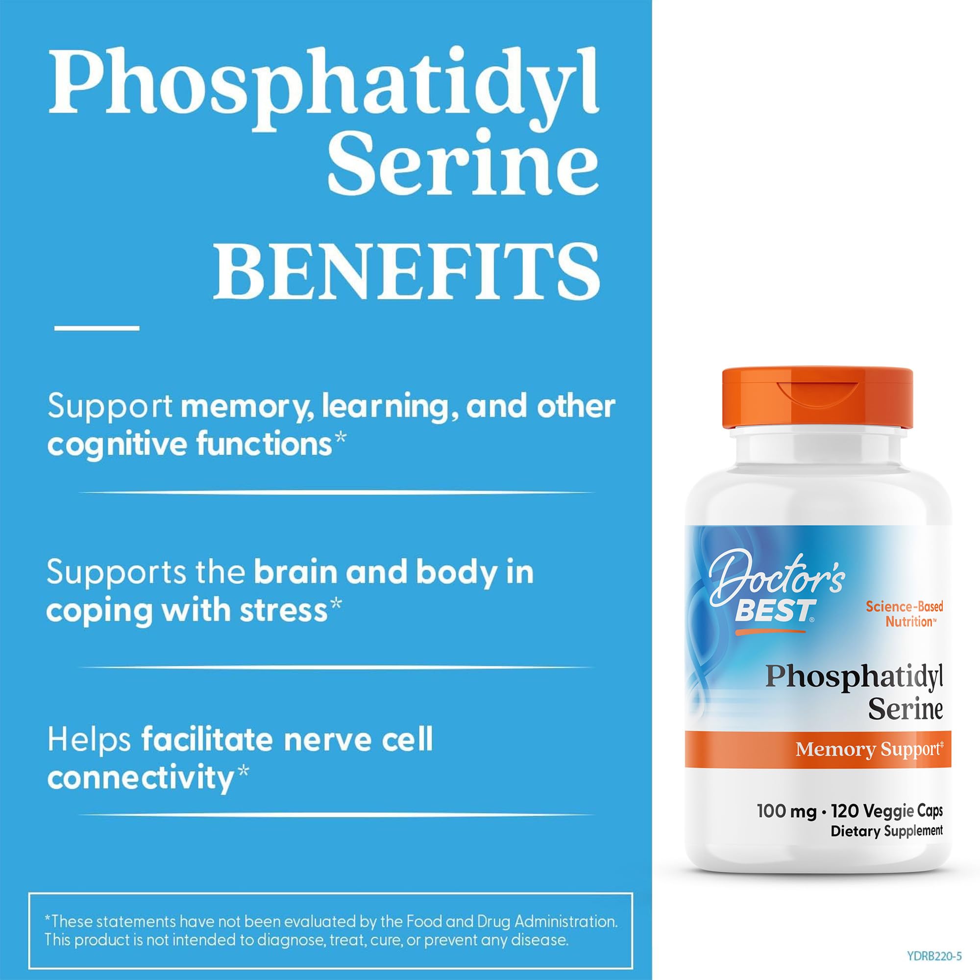Doctor's Best Phosphatidylserine Supplement 100 mg - Phosphatidyl Serine Capsules for Men & Women, Memory & Cognitive Support for Adults, Supports Brain Health, Gluten Free, Vegan - 120 Veg Caps