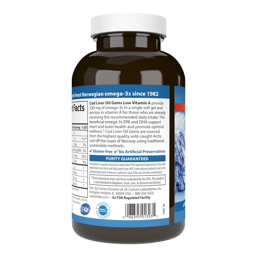 Carlson Cod Liver Oil Gems, Low Vitamin A, 230 mg Omega-3s, 300 Softgels
