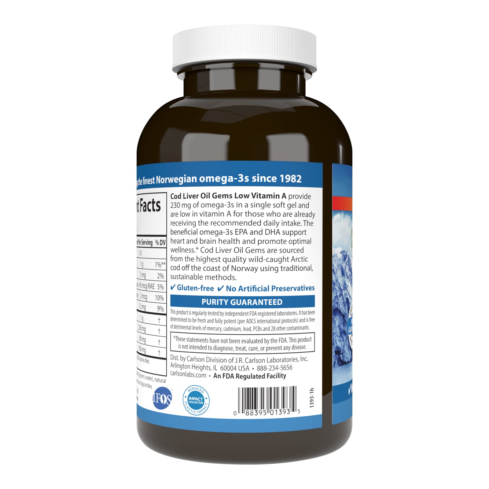 Carlson Cod Liver Oil Gems, Low Vitamin A, 230 mg Omega-3s, 300 Softgels