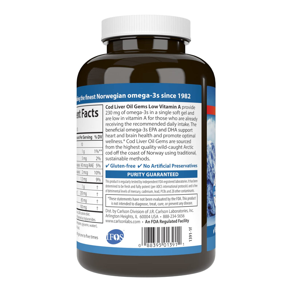 Carlson Cod Liver Oil Gems, Low Vitamin A, 230 mg Omega-3s, 150 Softgels