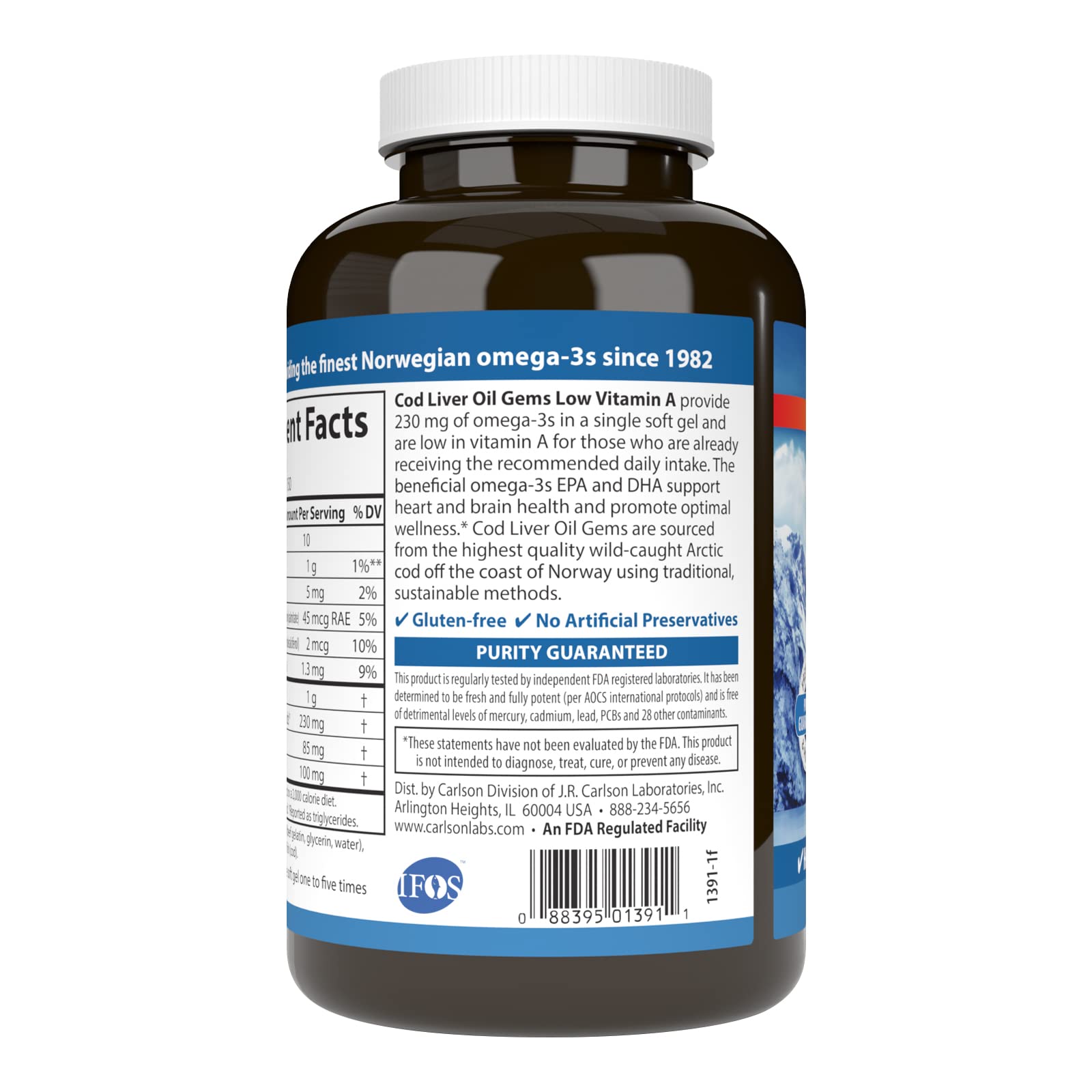 Carlson Cod Liver Oil Gems, Low Vitamin A, 230 mg Omega-3s, 150 Softgels