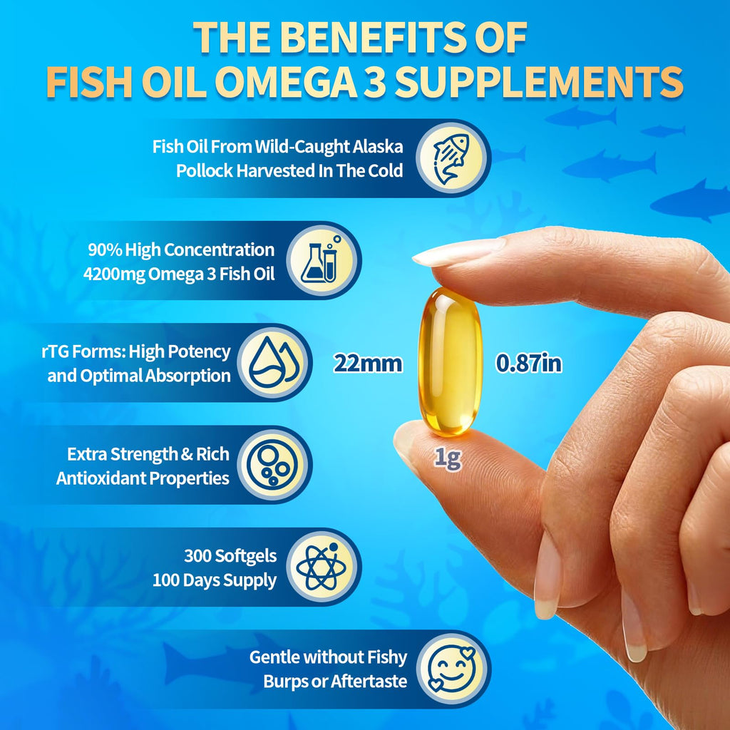 VivoNu Triple Strength Omega 3 Fish Oil - 4200mg, 300 Softgels | Enteric-Coated for No Fishy Aftertaste | Wild-Caught | Third-Party Tested