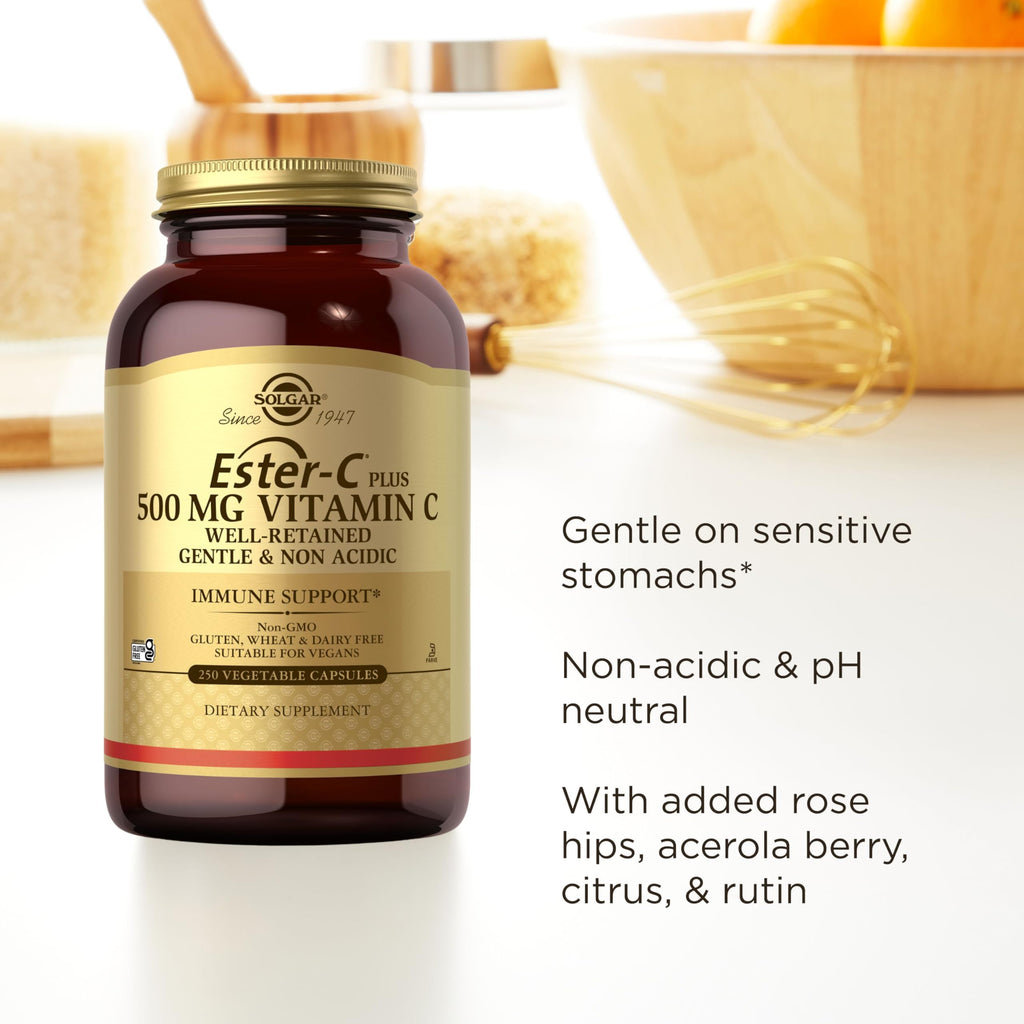 Solgar Ester-C Plus 500 mg Vitamin C (Ascorbate Complex), 100 Vegetable Capsules - Gentle & Non Acidic - Antioxidant & Immune Support - Non GMO, Vegan, Gluten-Free, Kosher - 100 Servings