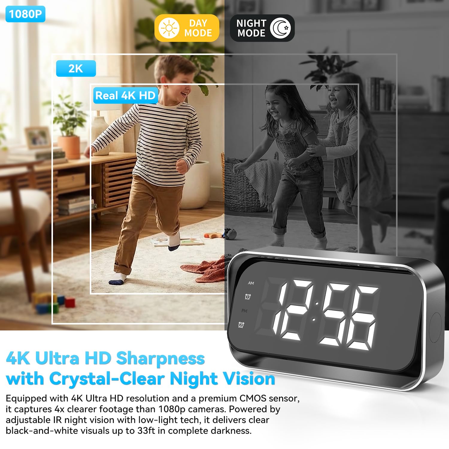 4K Full HD WiFi Security Mini Camera in Alarm Clock, Support 2.4G and 5G