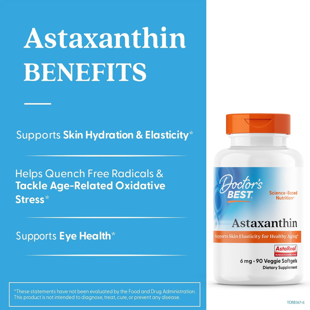 Doctor's Best Astaxanthin Vegan Supplement 6 mg - Skin Elasticity & Antioxidant Support for Men & Women, Extract from Haematococcus Pluvialis Microalgae, Non GMO, Gluten Free - 90 Veggie Softgels