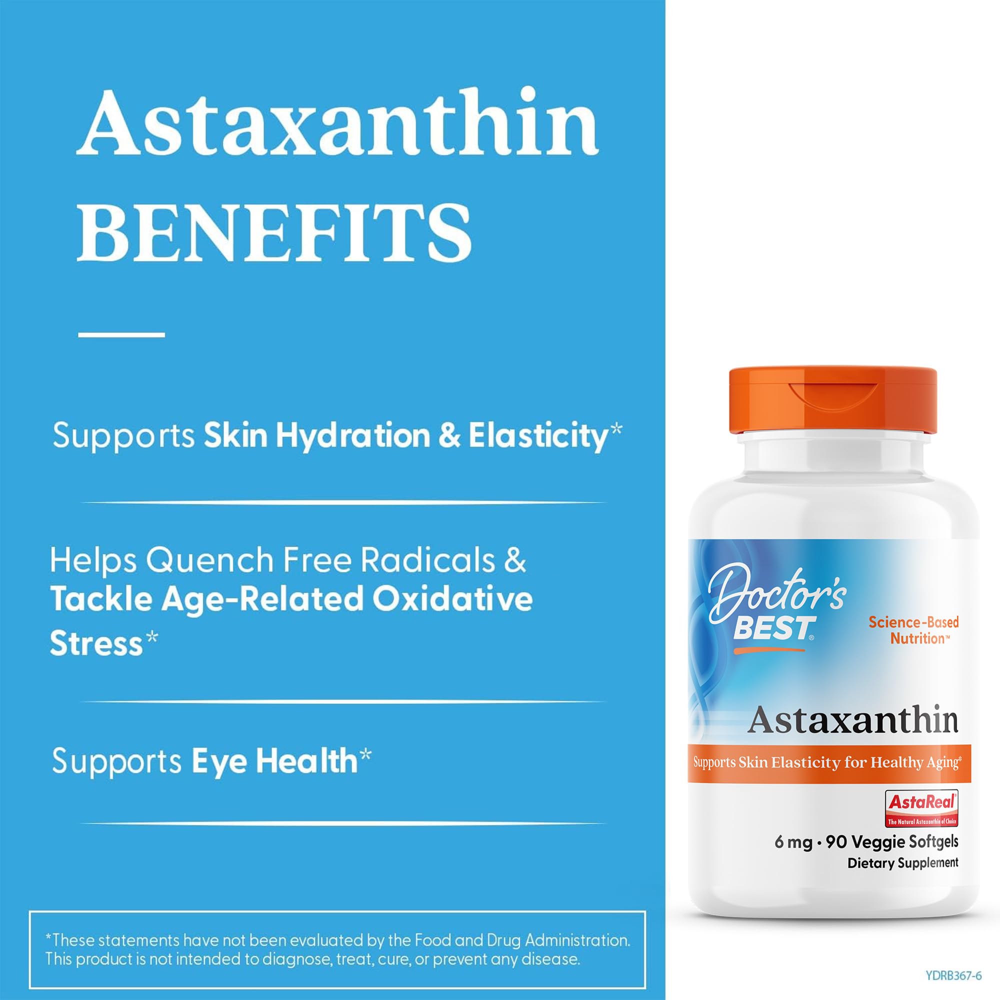 Doctor's Best Astaxanthin Vegan Supplement 6 mg - Skin Elasticity & Antioxidant Support for Men & Women, Extract from Haematococcus Pluvialis Microalgae, Non GMO, Gluten Free - 90 Veggie Softgels