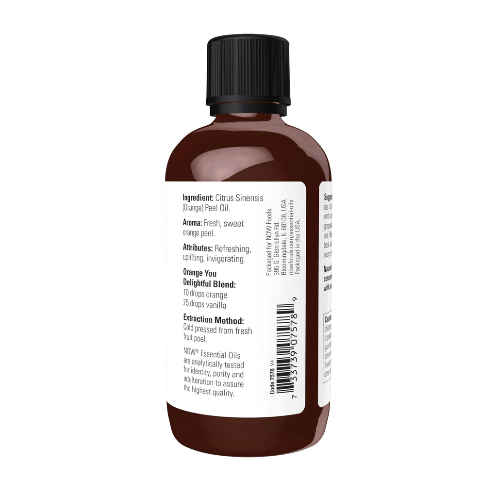 NOW Essential Oils, Orange Oil, Uplifting Aromatherapy Scent, Cold Pressed, 100% Pure, Vegan, Child Resistant Cap, 4-Ounce