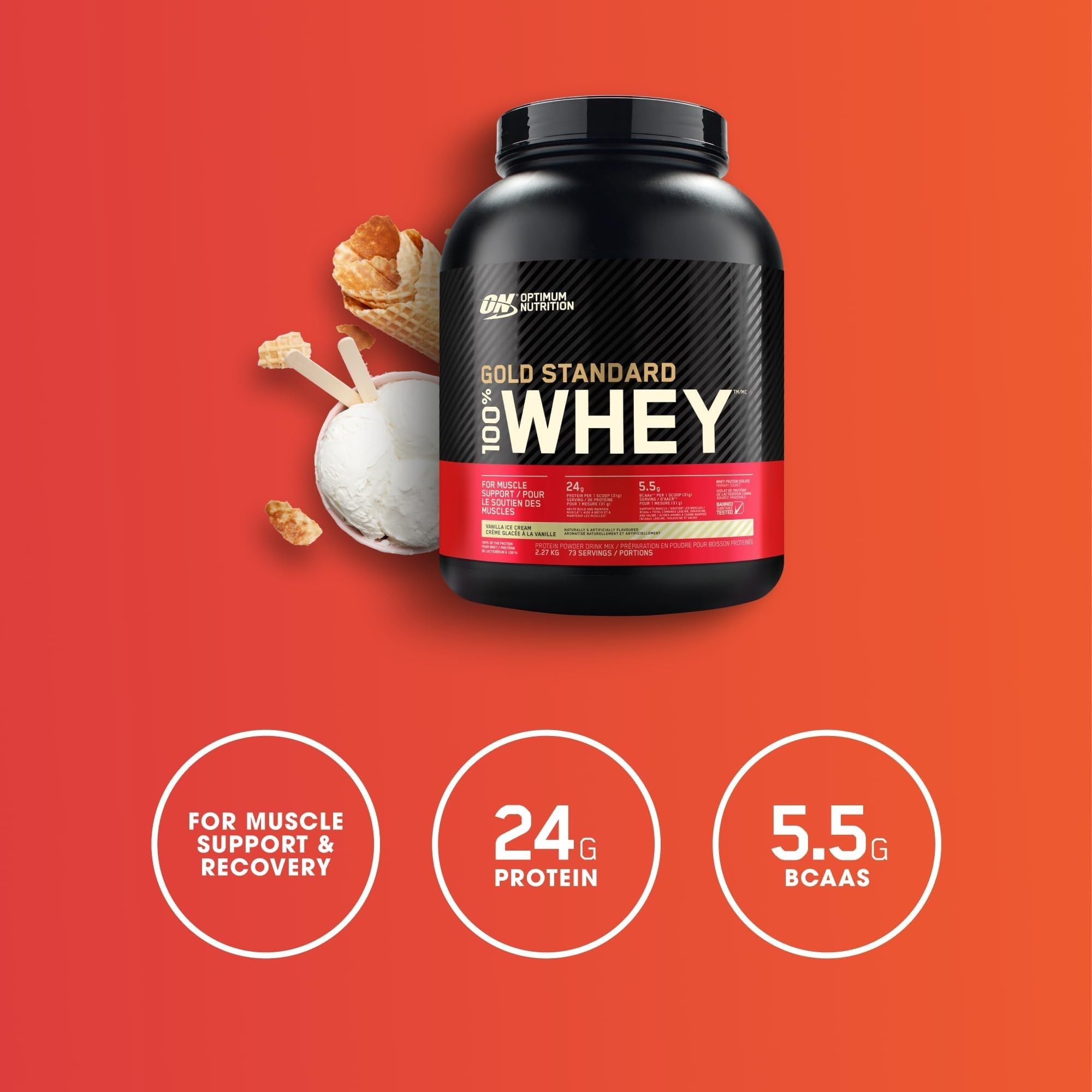 Optimum Nutrition Gold Standard 100% Whey Protein Powder, Vanilla Ice Cream, 5 Pound (Packaging May Vary) (Pack of 4)