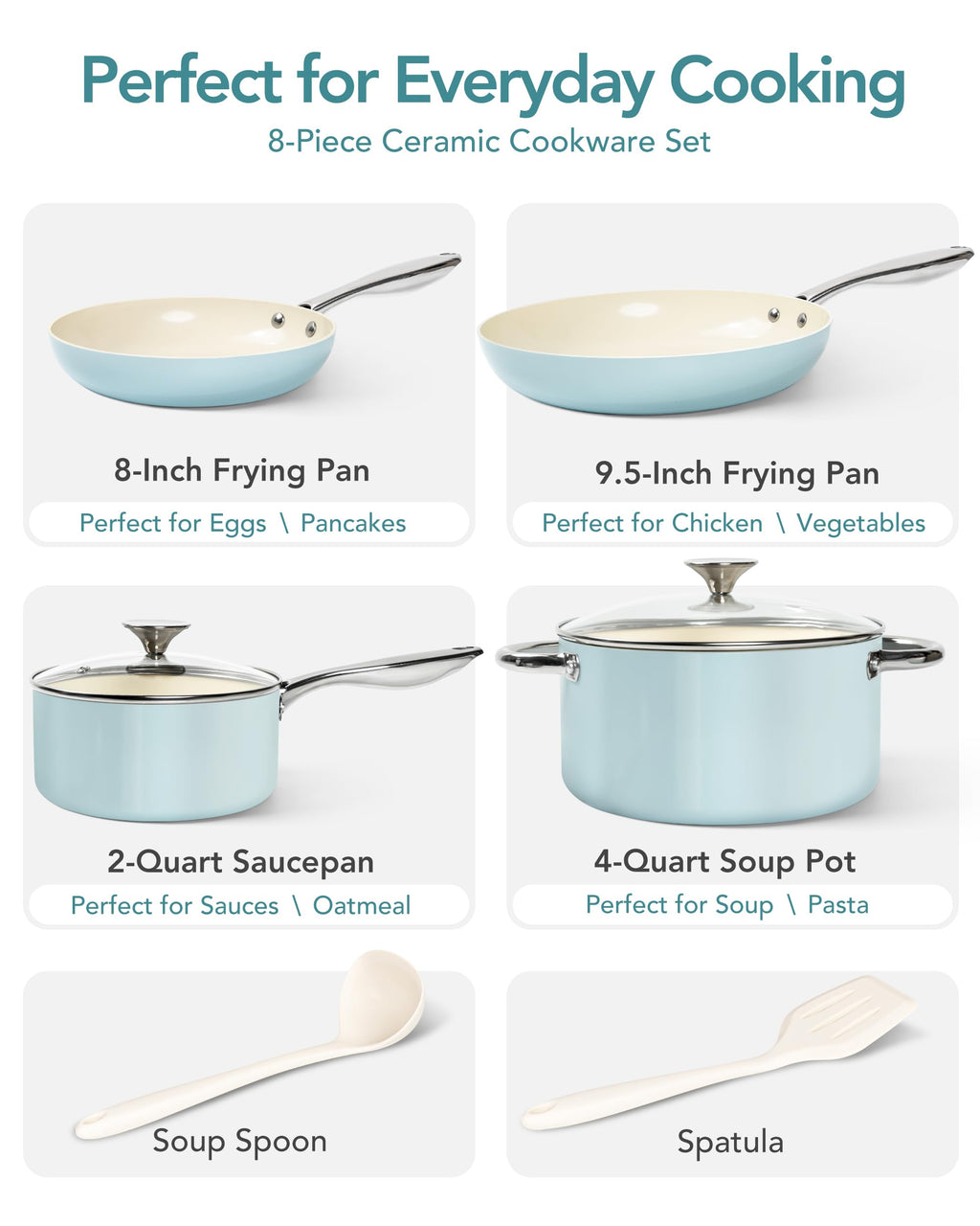 MICHELANGELO Pots and Pans Set Non Stick, 8-Piece Ti-infused Ceramic Cookware Set with Silicone Utensils - Induction Compatible, Oven Safe, PFOA-Free, Blue