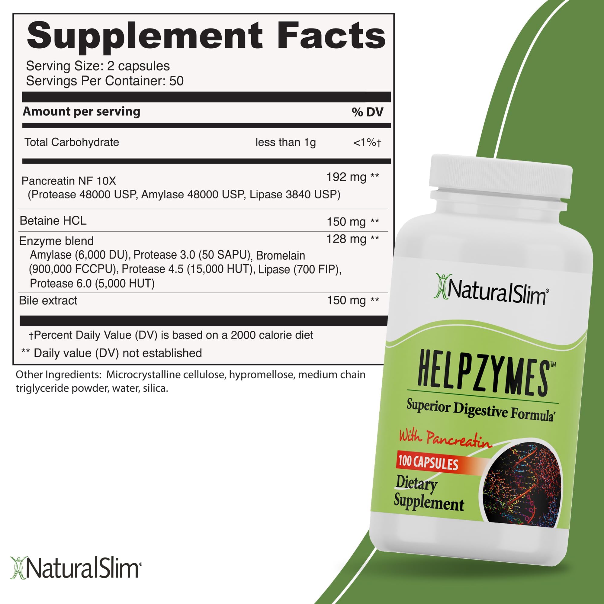 NaturalSlim Helpzymes Digestive Enzymes for Women & Men, Essential Enzymes for Digestion, Gut Health & Gas Bloating Relief with Bromelain, Ox Bile, Pancreatin & Betaine HCL, 100 Capsules – 1 Pack