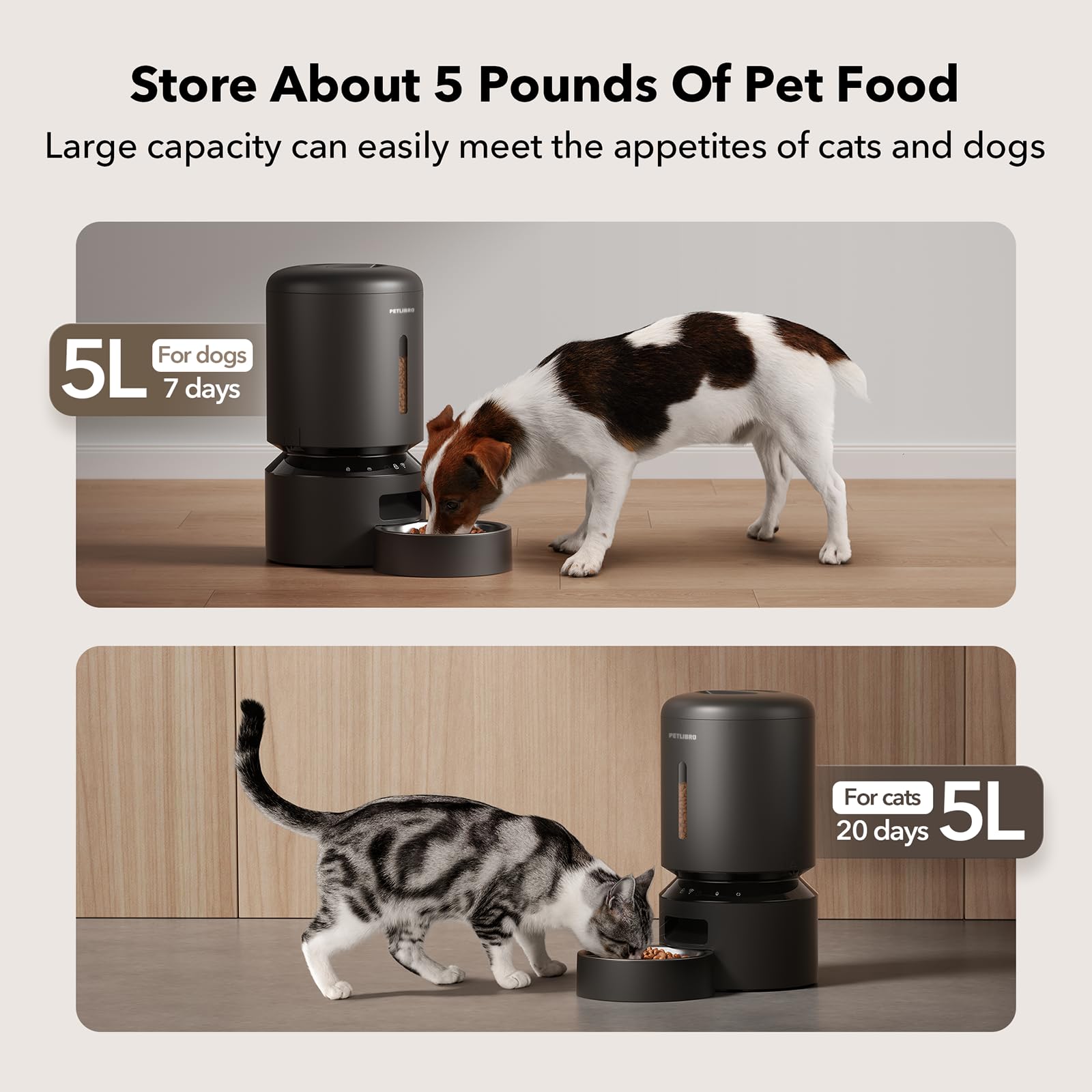 PETLIBRO Automatic Cat Feeder, 5G WiFi Automatic Dog Food Dispenser with Freshness Preservation, 5L Timed Pet Feeder with Low Food Sensor, Up to 10 Meals Per Day, Granary Black