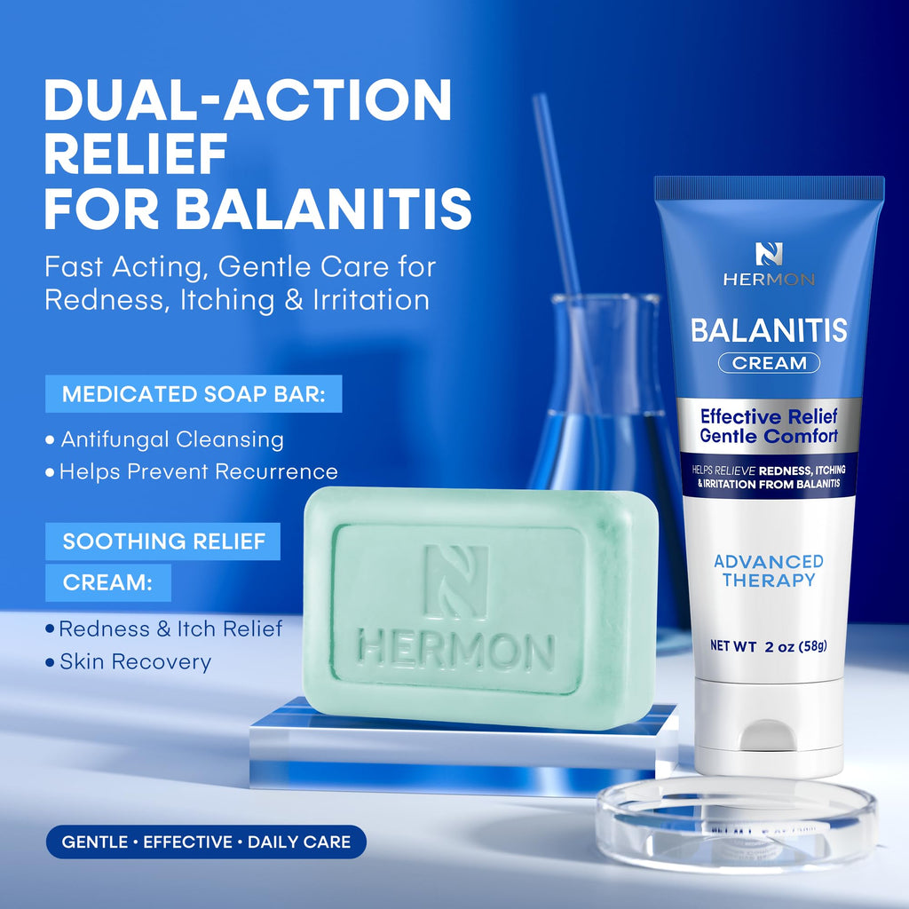 Hermon Balanitis Treatment for Men Relief Kit: Soothing Cream 2oz & Clotrimazole 1% Cleansing Soap 4oz – Helps Relieve Redness, Itching & Irritation – Gentle Care for Sensitive Areas