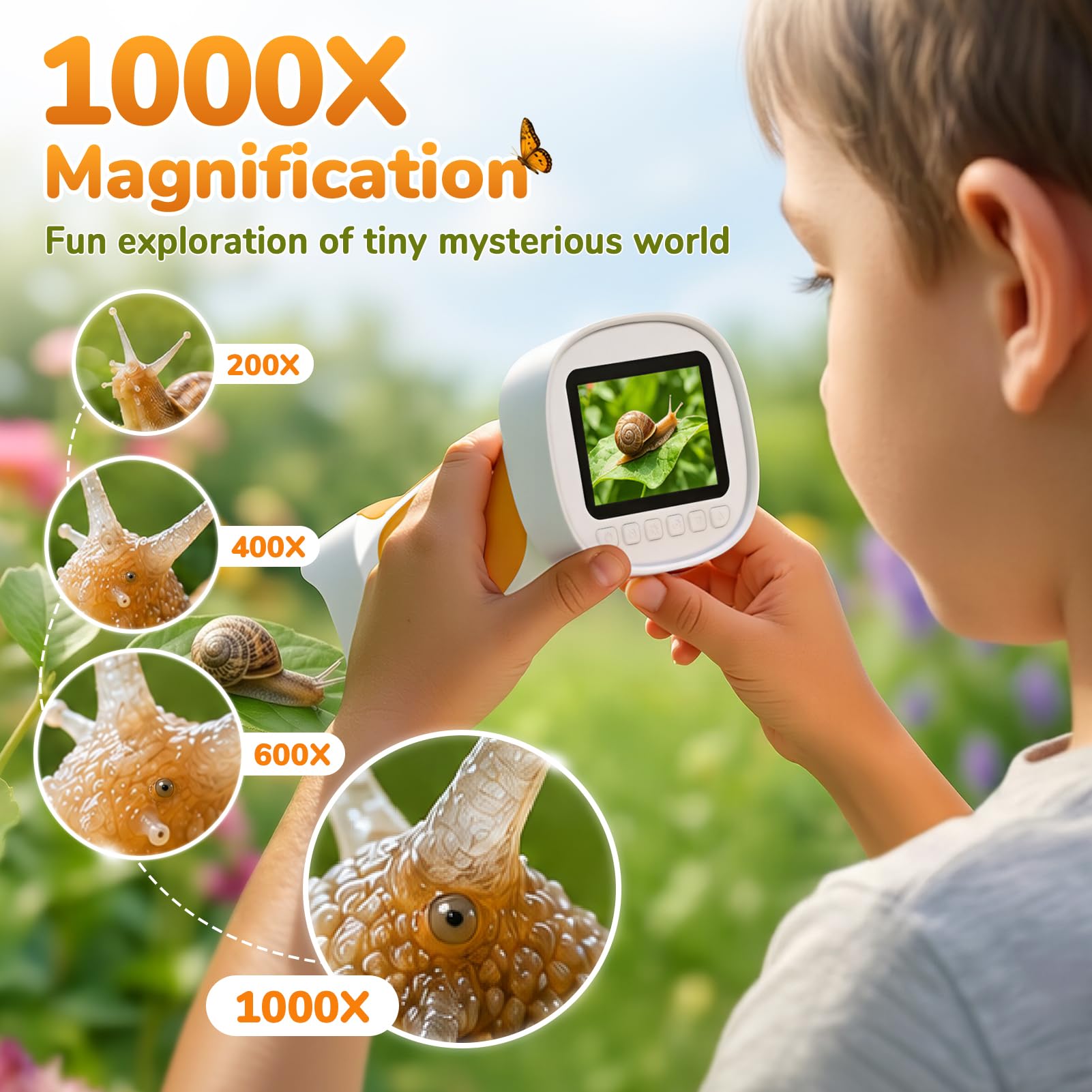1000X Handheld Digital Microscope for Kids with 2.4" IPS Screen (Orange)
