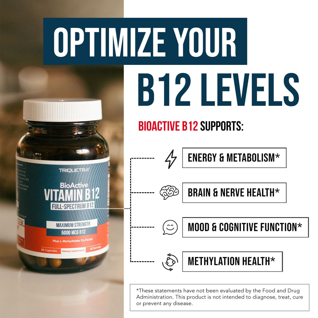 Triquetra Health Vitamin B12 5000mcg Complex, Methylated Methylcobalamin for Women & Men with Hydroxocobalamin, & Adenosylcobalamin, Supports Energy, Metabolism & Mood, Vegan, Non-GMO (60 Servings)