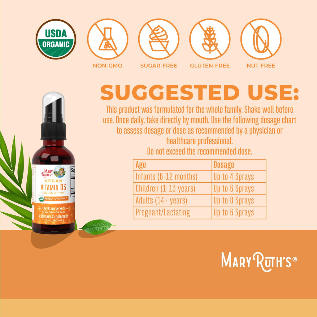 MaryRuth Organic Vitamin D Drops Spray, Adult & Kids Vitamin D, 30 Servings