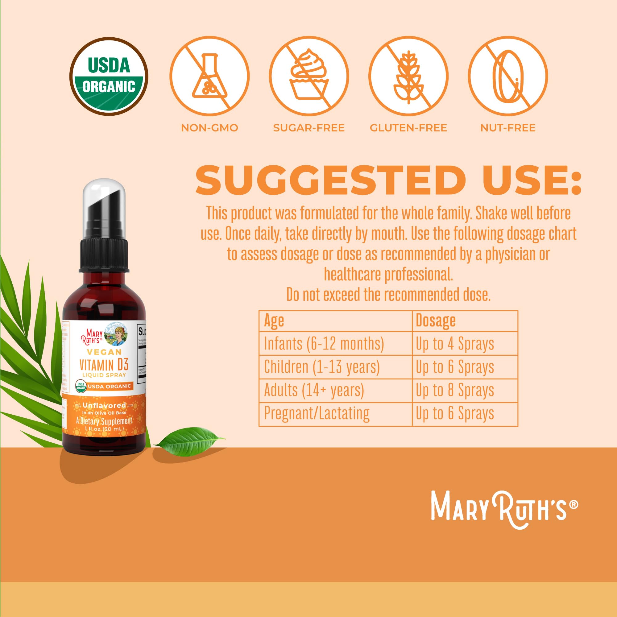 MaryRuth Organic Vitamin D Drops Spray, Adult & Kids Vitamin D, 30 Servings