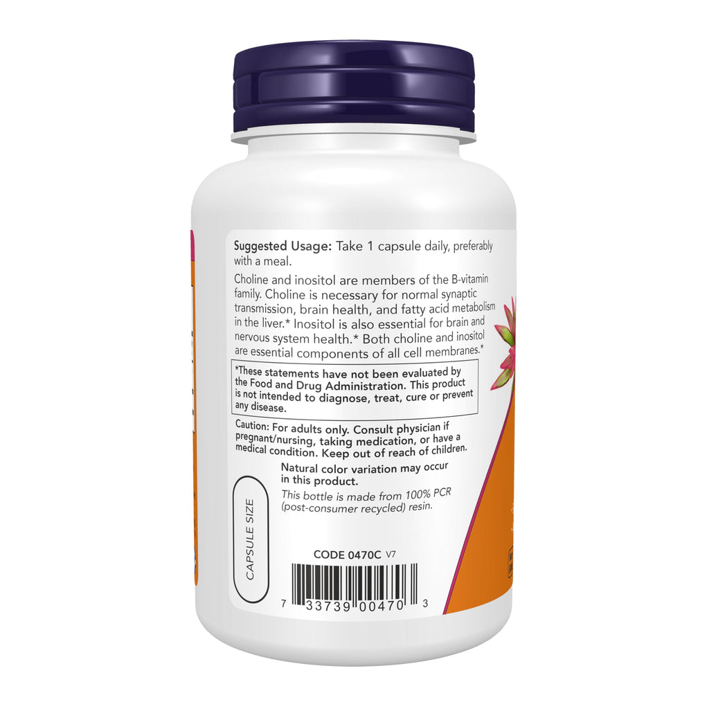 NOW Foods Supplements, Choline & Inositol 500 mg, Healthy Nerve Transmission*, Nervous System Health*, 100 Capsules