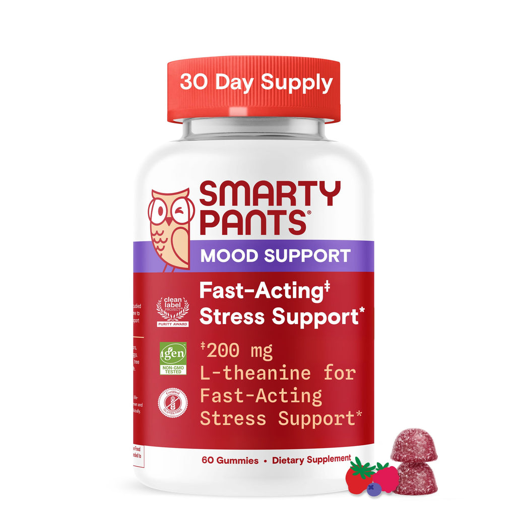 SmartyPants Adult Stress Support Gummies: Fast-Acting Calm & Mood Support with L-Theanine 200mg & Ashwagandha (Sensoril), Non-Drowsy, Mixed Berry Flavor, 60 Count (30 Day Supply)