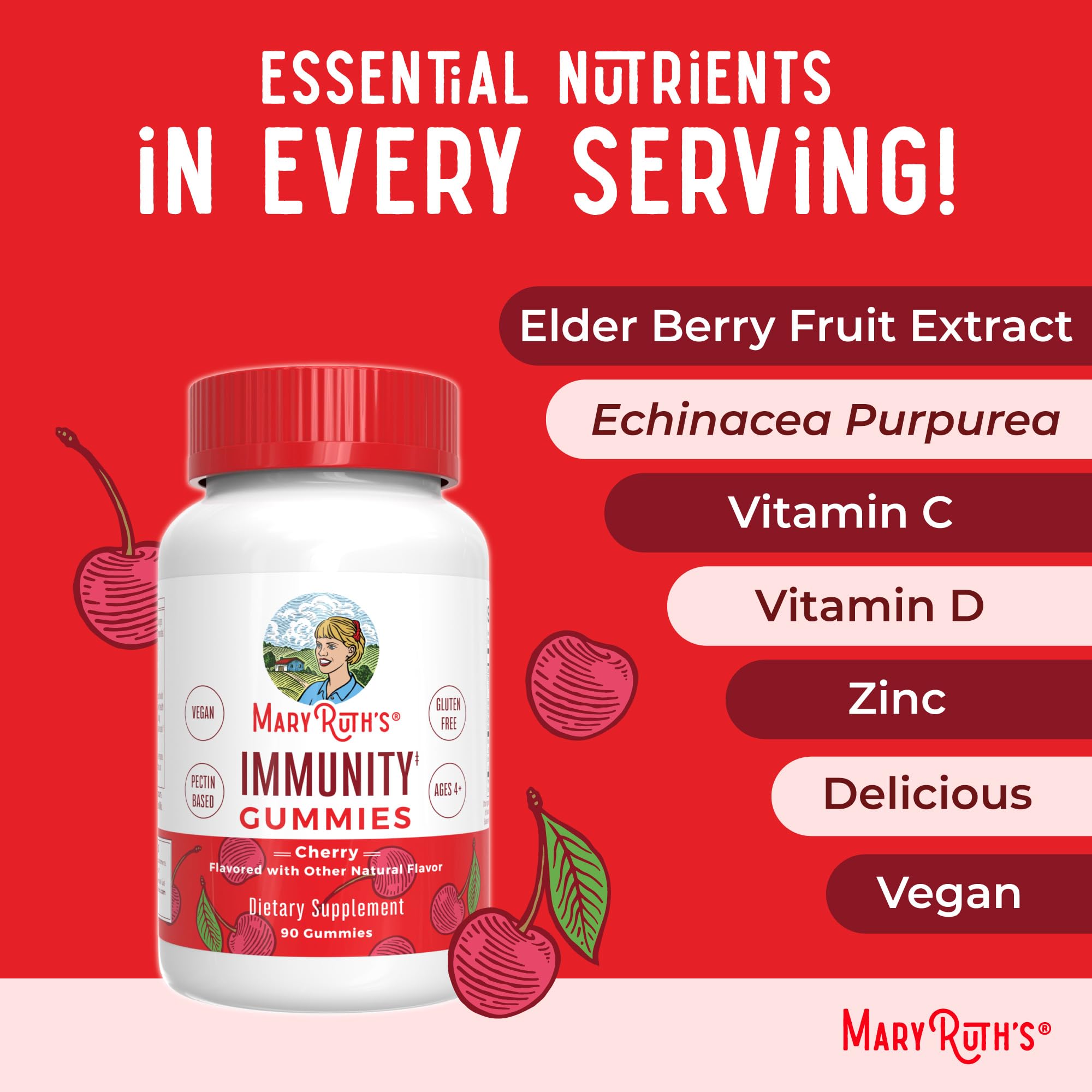 Mary Ruth's 5-1 Immunity Gummies with Elderberry for Kids & Adults | Cherry | Pectin Based | Vegan | 90 Count