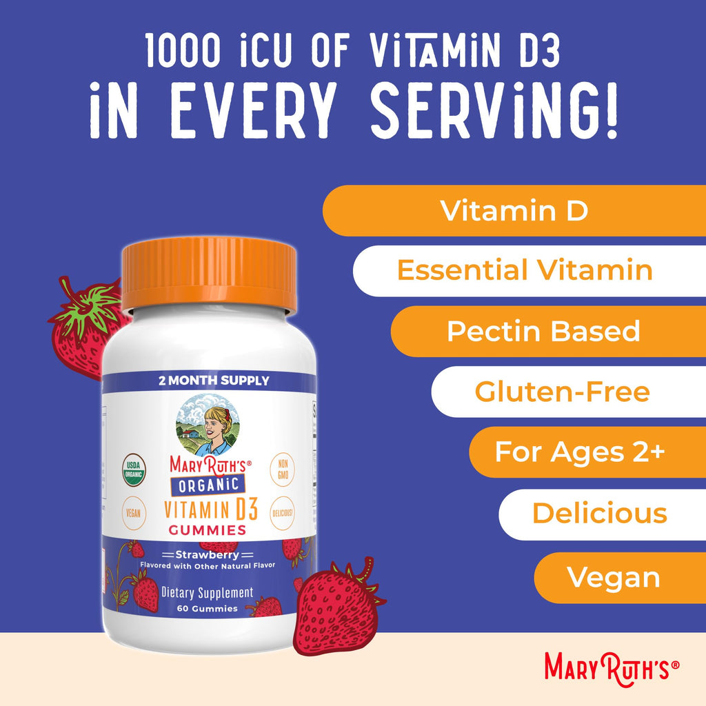MARYRUTH'S Organic Vitamin D3 Gummies, 1000 IU, Immune Support, 60 Count