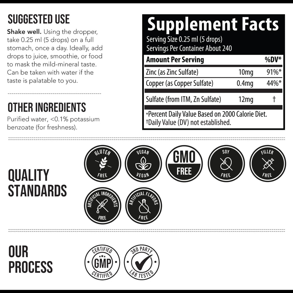 Ionic Zinc Plus Copper Liquid Concentrate 240 Servings, Glass Bottle, Vegan - Balanced Ratio of Zinc Copper - Supports Immunity, Brain Thyroid (2 oz.)