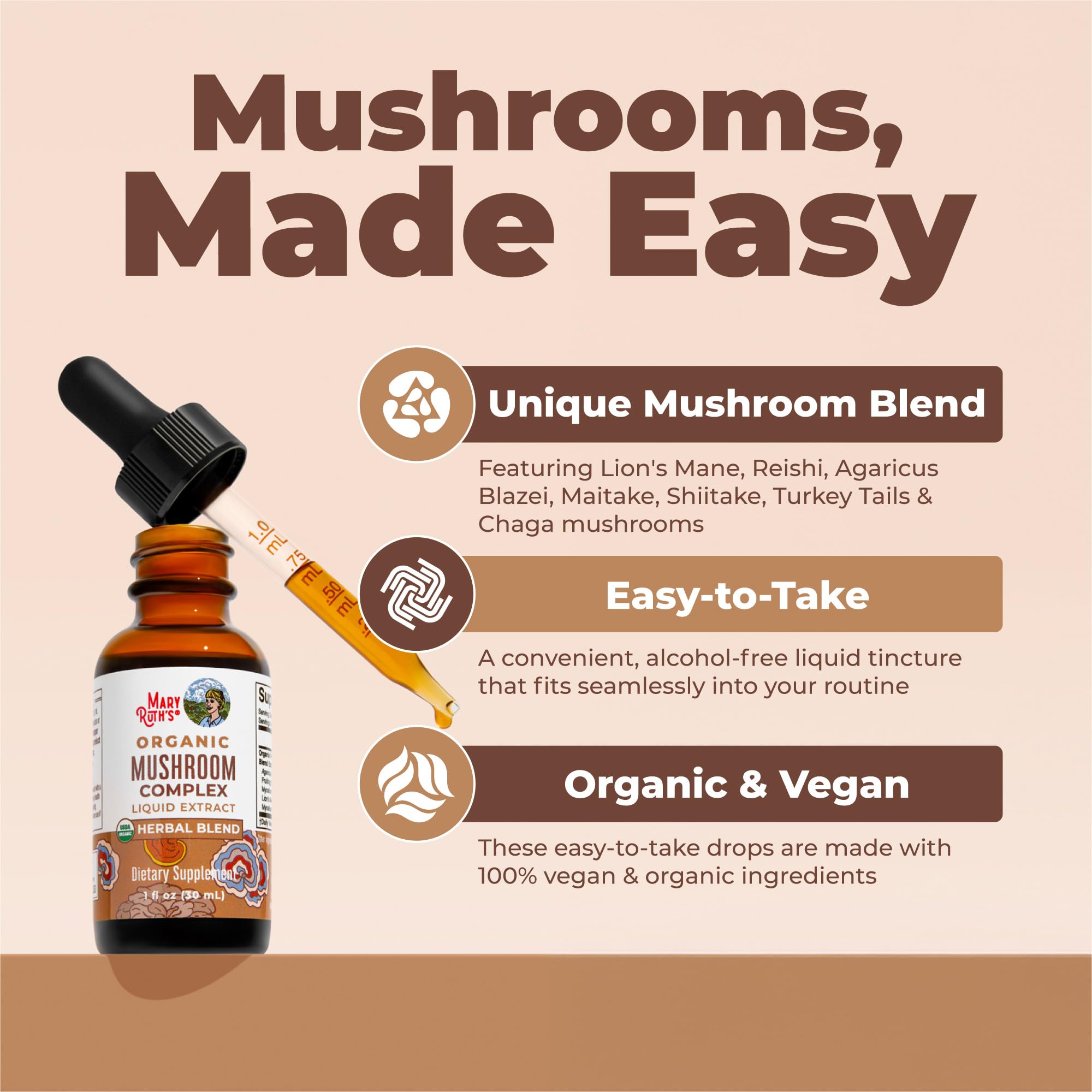 MARYRUTH'S Organic Mushroom Complex, Lion's Mane, Turkey Tail, 30 Servings