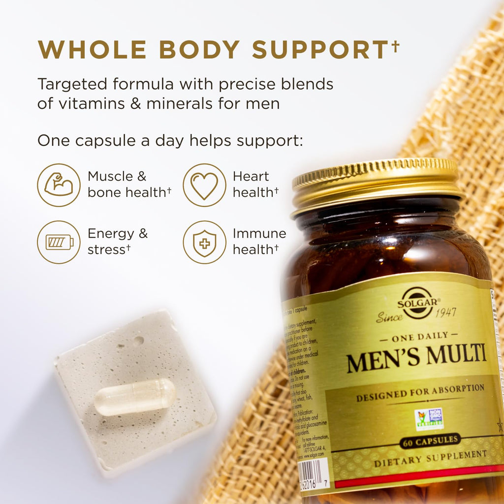 Solgar One Daily Men's Multivitamin Whole Body Support Supplement, Highly Absorbable Delayed Release One Daily Multi Vitamin Capsules for Men - Immune Heart Energy Stress & Muscle Health, 60 Servings