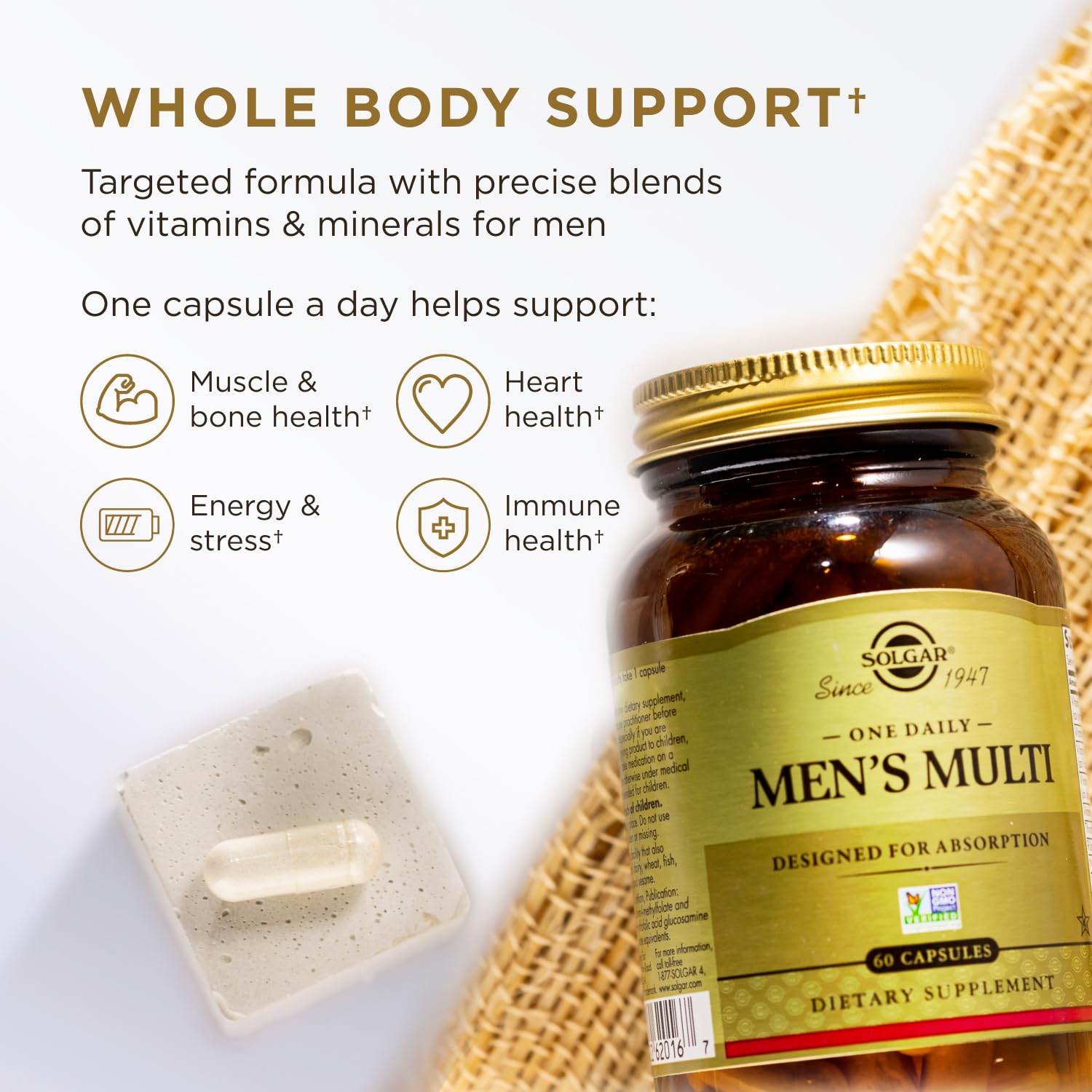 Solgar One Daily Men's Multivitamin Whole Body Support Supplement, Highly Absorbable Delayed Release One Daily Multi Vitamin Capsules for Men - Immune Heart Energy Stress & Muscle Health, 60 Servings
