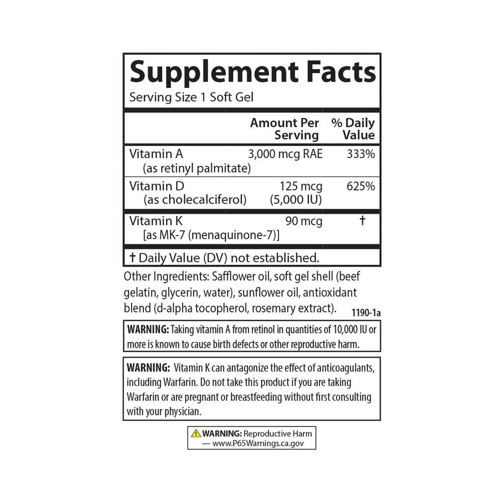 Carlson Vitamins A, D3, K2, 60 Soft Gels