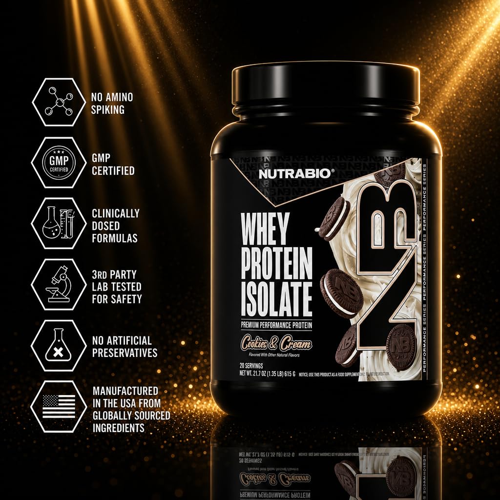 NutraBio 100% Whey Protein Isolate Protein Powder, 25g Protein with Complete Amino Acid Profile, Non-GMO, Soy & Gluten Free, Low Carb, Low Calorie Whey Protein Powder, Cookies & Cream, 20 Servings