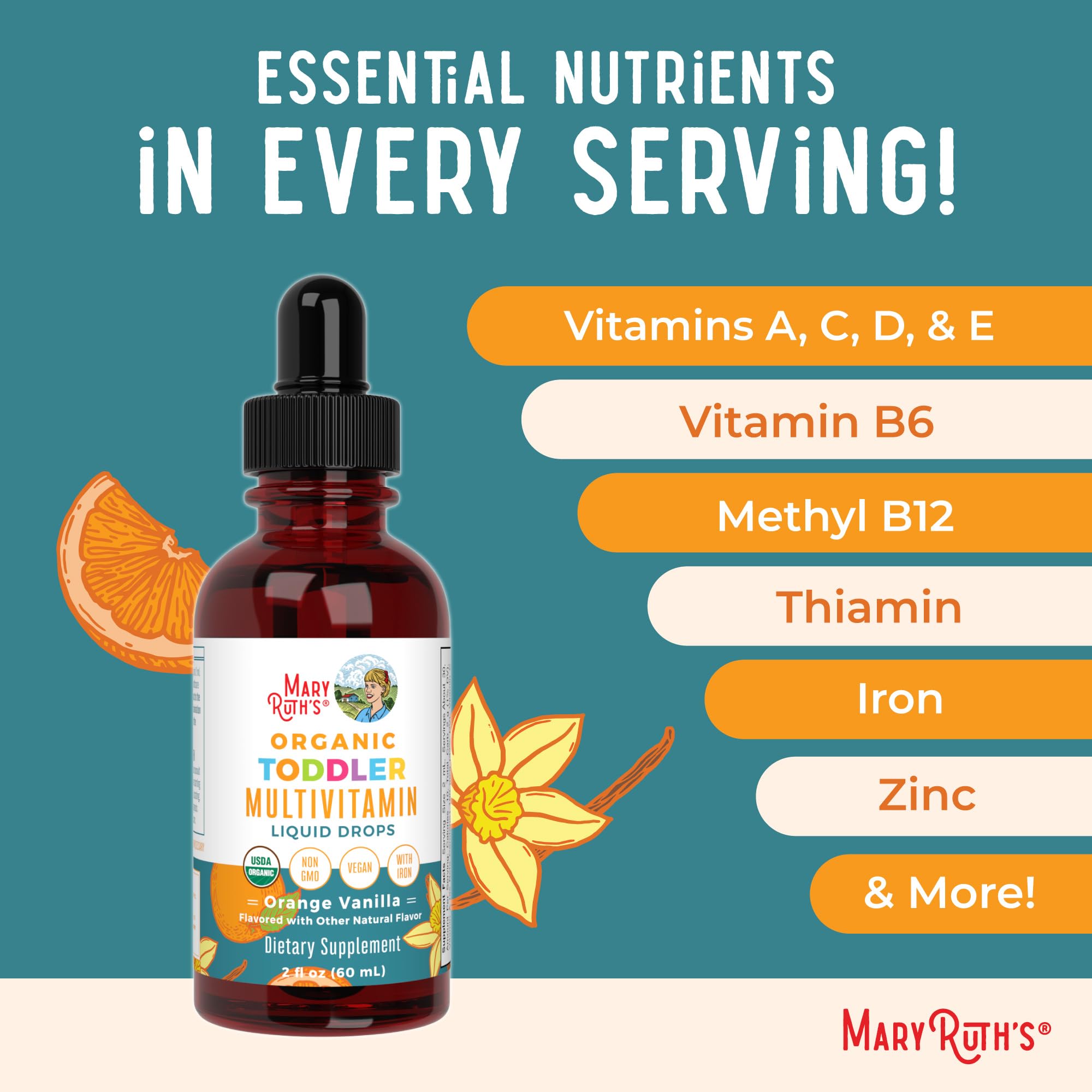 MARYRUTH'S Organic Toddler Multivitamin Drops with Iron, Vegan, 30 Servings