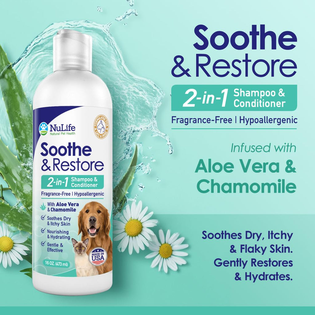 2-in-1 Dog Shampoo and Conditioner with Soothing Aloe Vera & Chamomile, Sensitive Skin, Fragrance-Free, Hypoallergenic Formula Provides Itchy Skin Relief from Dry Skin & Allergies - 16oz