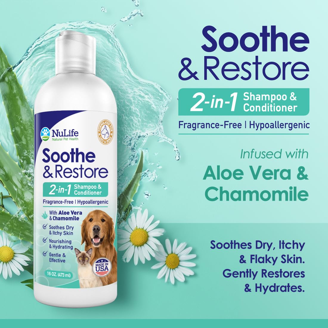 2-in-1 Dog Shampoo and Conditioner with Soothing Aloe Vera & Chamomile, Sensitive Skin, Fragrance-Free, Hypoallergenic Formula Provides Itchy Skin Relief from Dry Skin & Allergies - 16oz