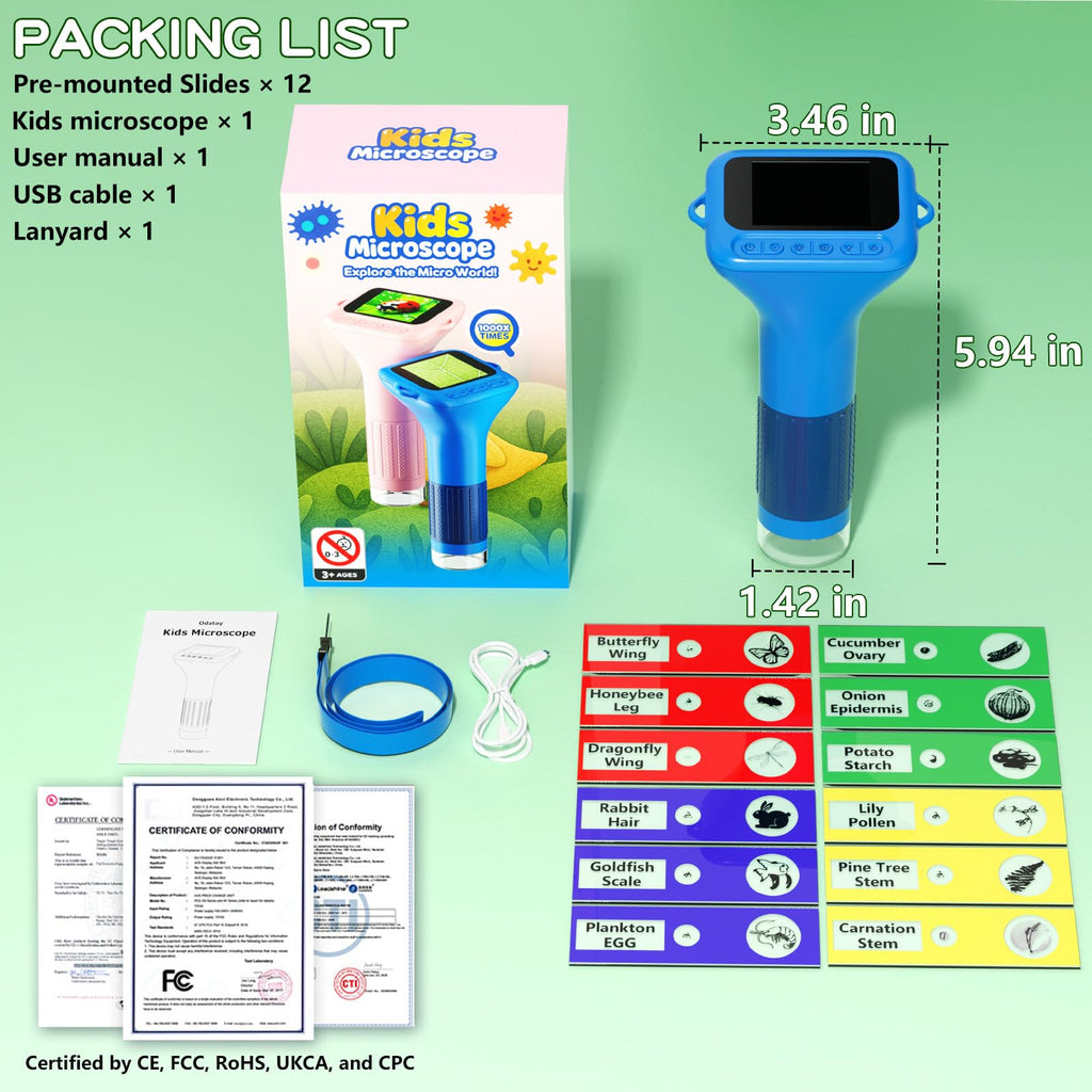 Odatay 1000X Digital Kids Microscope Kit with 12 Slides & 2" Screen, Blue